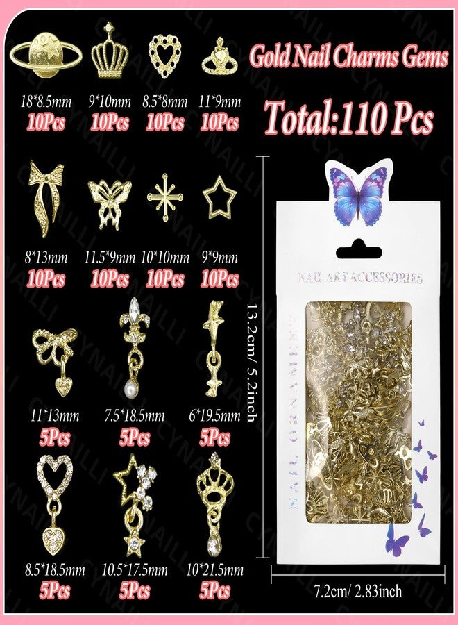 Cynailli 110 Pcs Dangle Star Gold Nail Charms and Gems, 3D Star Heart Bows Dangle Nail Rhinestones Charms, Butterfly Crown Planet Charms for Alloy Nails Art Jewels DIY Design Accessories - Image 2